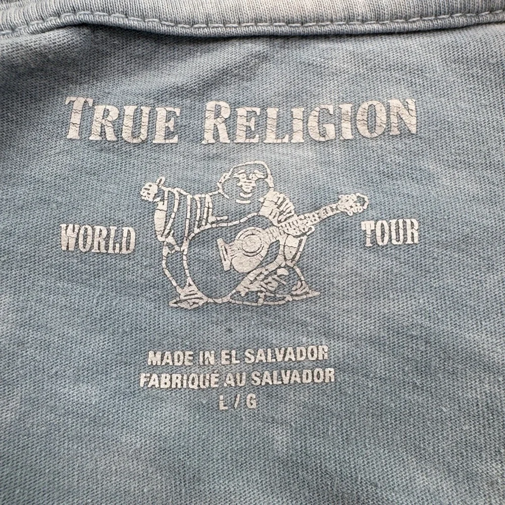 True Religion Mens T-Shirt Large Blue Tie Dye Buddha Guitar Graphic Logo Cotton